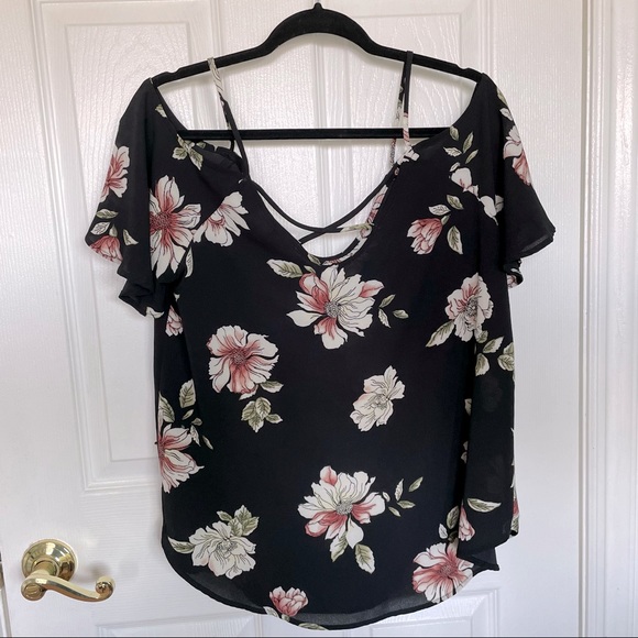 Gorgeous Black Floral Cold Shoulder Blouse with Cross Back Detail - Picture 2 of 9